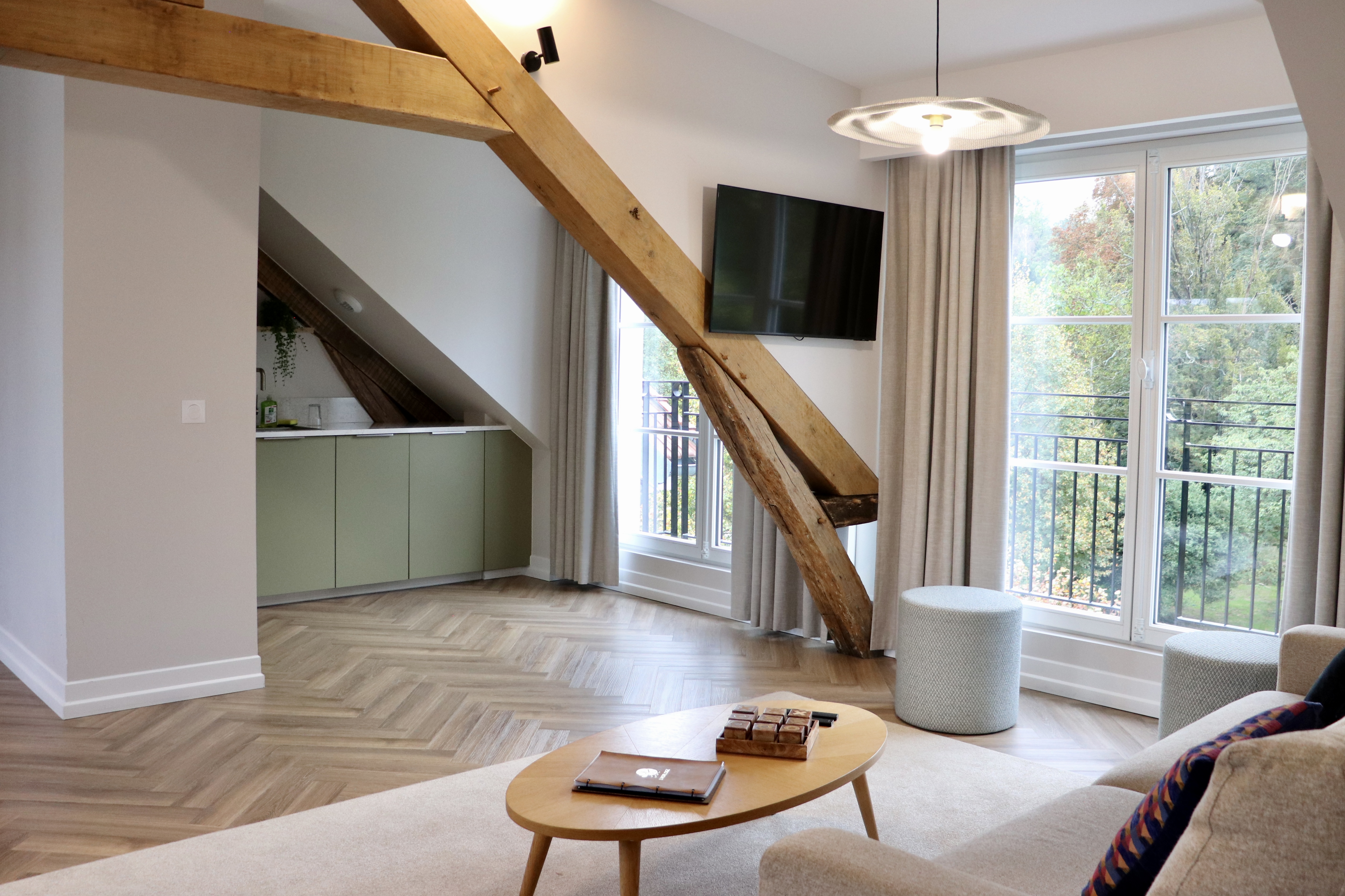 Salon de l'appartement 16 de L’Horloge à Montévrain, avec poutres apparentes, cuisine ouverte et grandes fenêtres avec vue sur forêt.